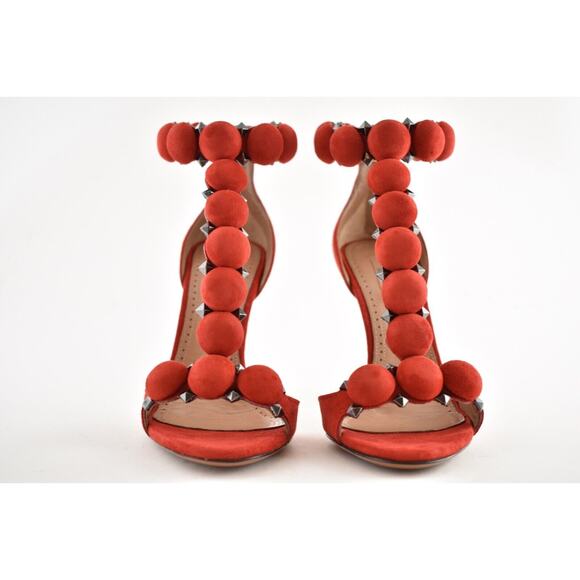 Alaia Bombe 110m Red Grenadine Suede Ankle T Strap Studded Sandal Heel Pump 36.5 - Picture 4 of 8